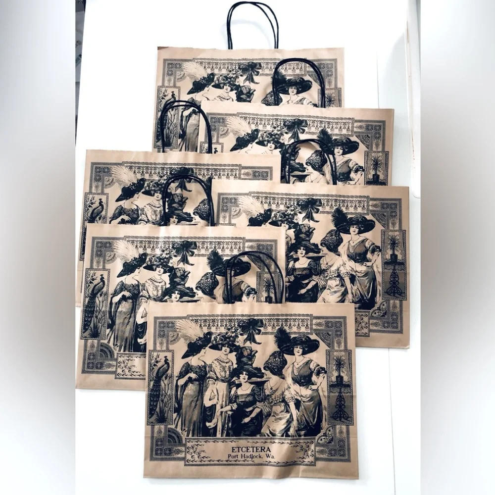 Victorian fashion lithograph Paper gift bags stiff handles Natural Black 16x13x6